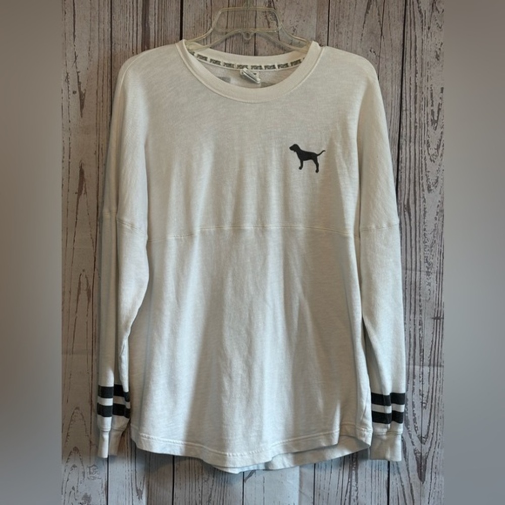 Victoria's Secret PINK White and Black Love Pink Chic Crewneck Top Size Medium